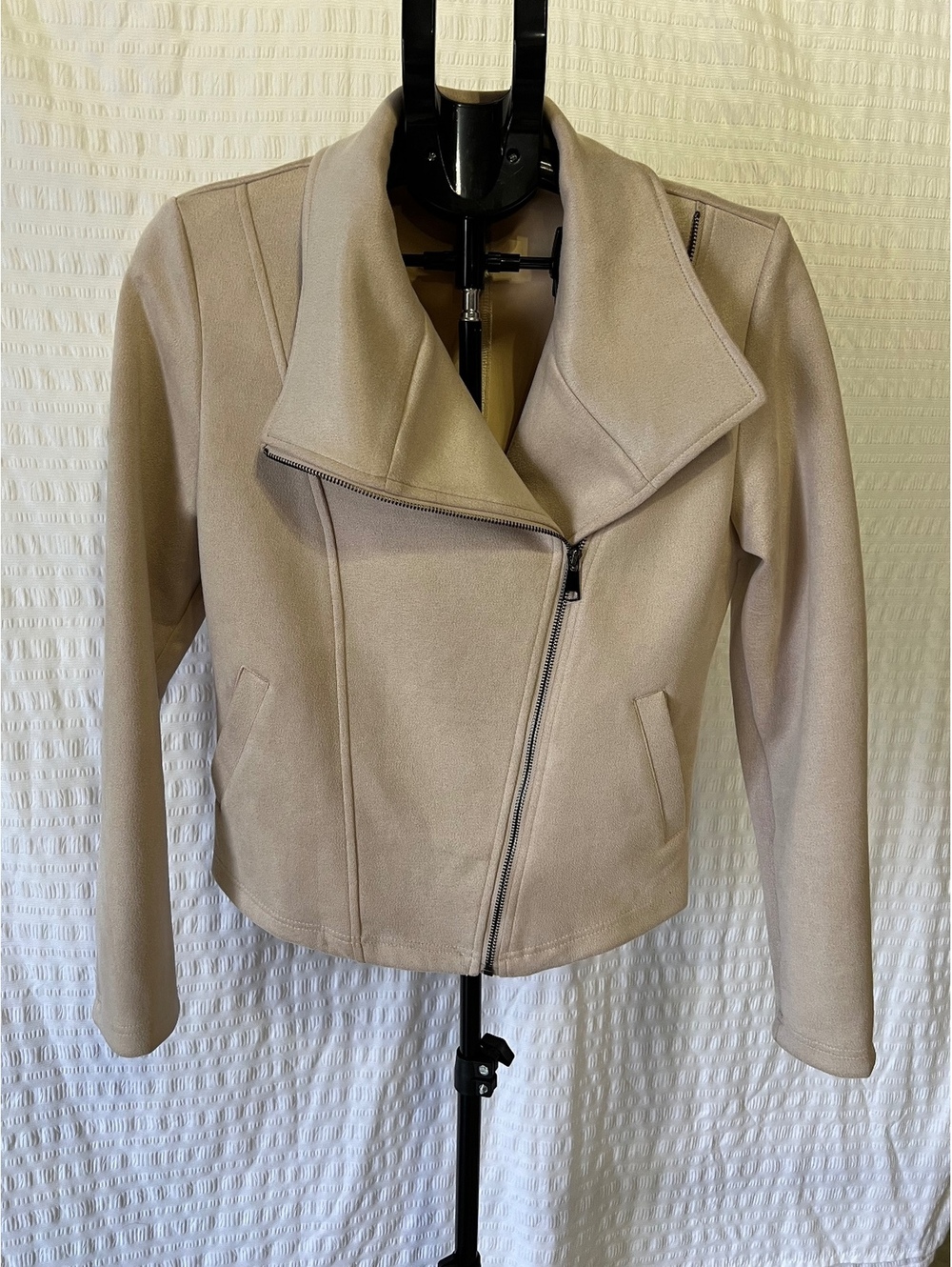 AUTOMET Faux Suede Moto Jacket Womens S Beige Tan Asymmetrical Zip